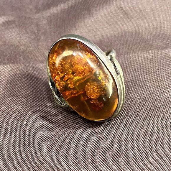 Vintage Large 925 Sterling Silver & Amber Ring Size 7.25 - Picture 10 of 12